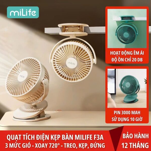 Quạt kẹp tích điện miLife F3A cánh 12cm