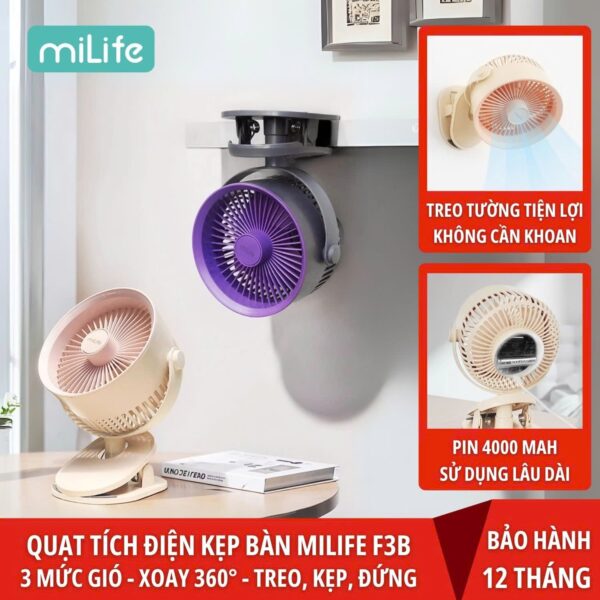 Quạt kẹp tích điện miLife F3B cánh quạt lớn 18cm